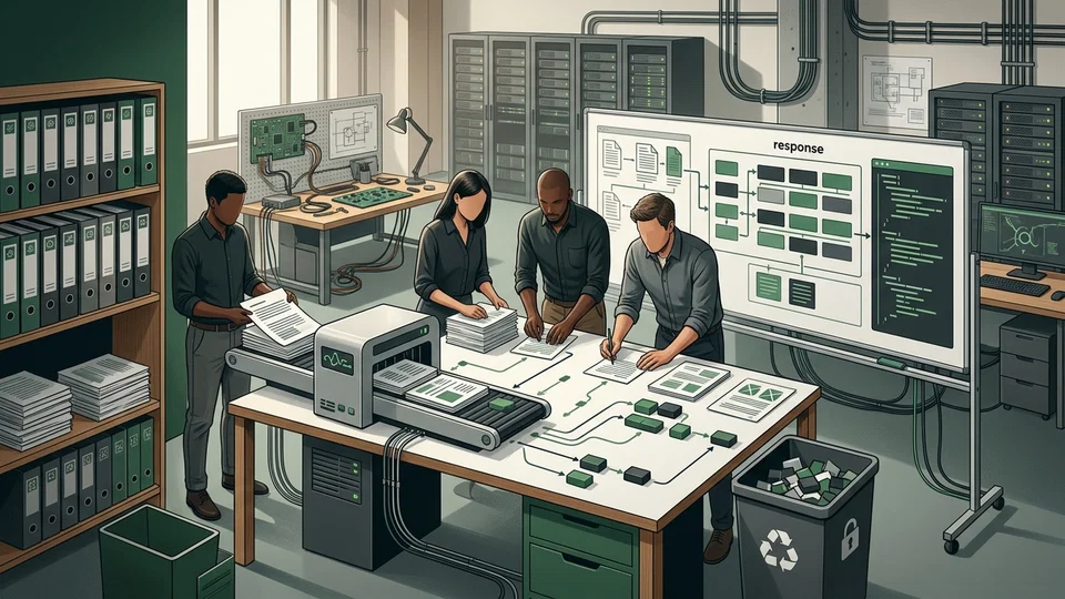 Illustration of a team in a technical office processing physical documents on a conveyor belt to filter sensitive data before generating a response, with servers in the background.