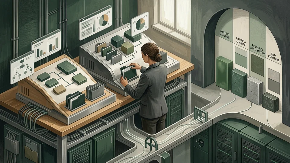 Illustration of a professional in a control room organizing folders on tech panels, surrounded by screens with charts and a panel displaying metrics for context, clarity, consumption, and exposure.