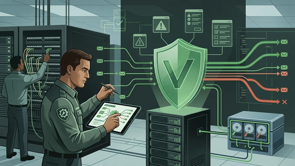 Two technicians in a data center monitor network security using a tablet and servers, represented by a data flow passing through a green validation shield.