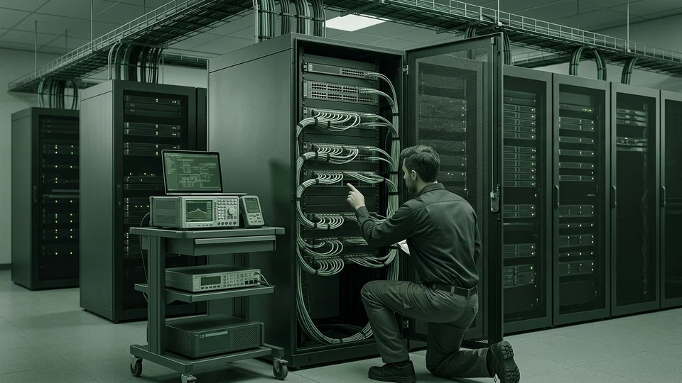Um técnico de TI ajoelhado trabalha na manutenção de cabos em um rack de servidores aberto em um datacenter moderno, com um carrinho de equipamentos de teste ao lado.
