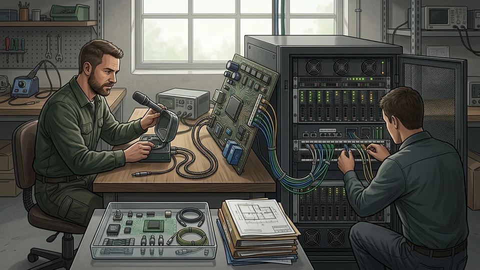 Two technicians work in an IT lab: one sits holding a microphone connected to a circuit board, while the other crouches to organize network cables in a server rack.