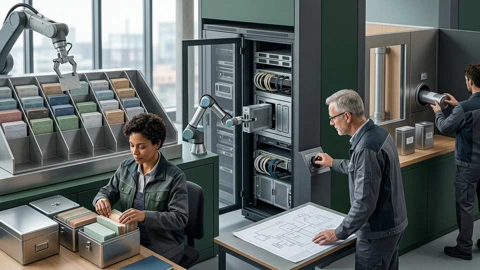 Professionals working in an integrated high-tech environment with robotic arms assisting in document sorting and server maintenance, while analysts manage and monitor the processes.